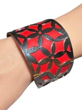 Floral Cut Out Cuff Bracelet Silver Tone Overlay Red Faux Leather Womens Jewelry